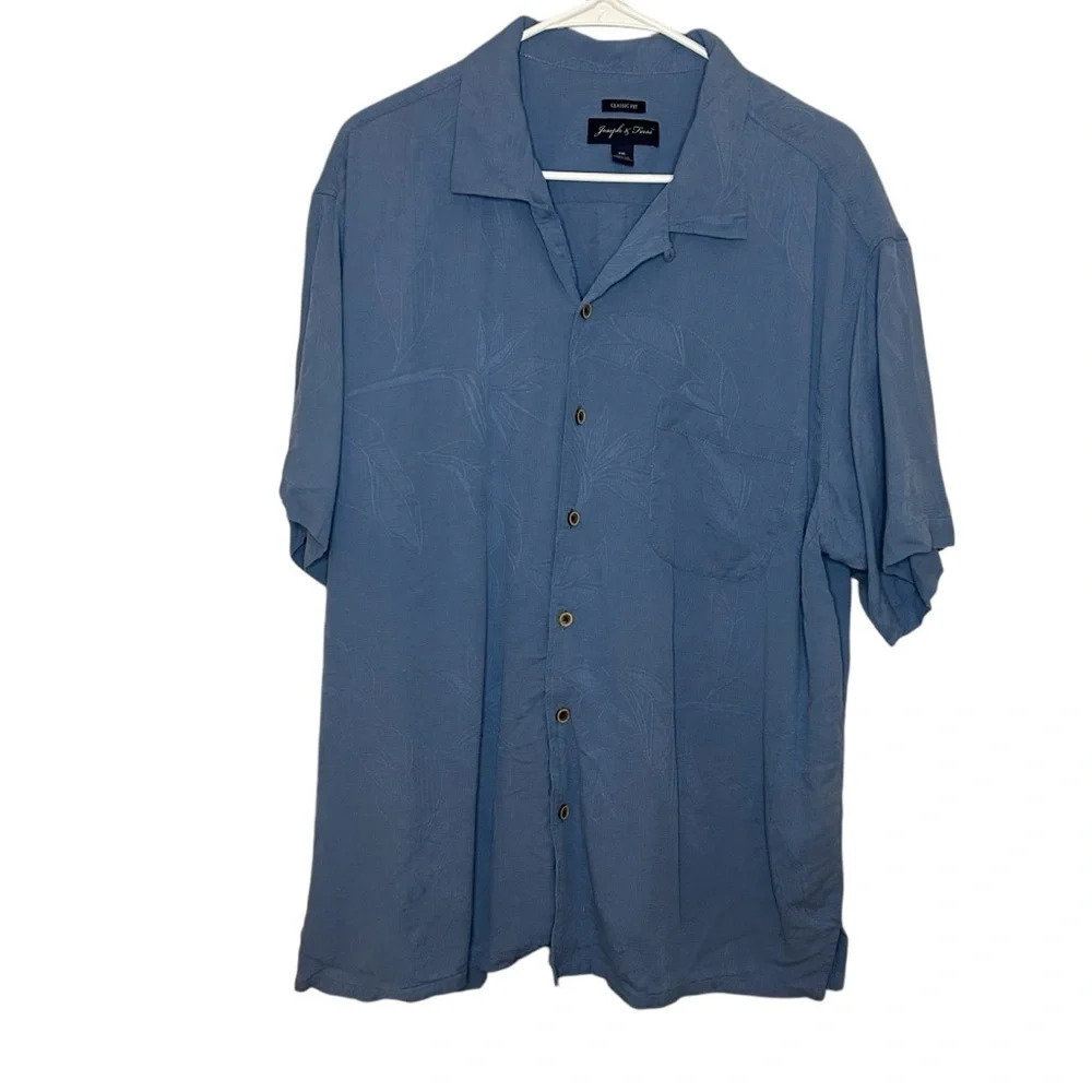 Joseph & Feiss 100% Silk Camp Shirt Blue Embroidered XXL